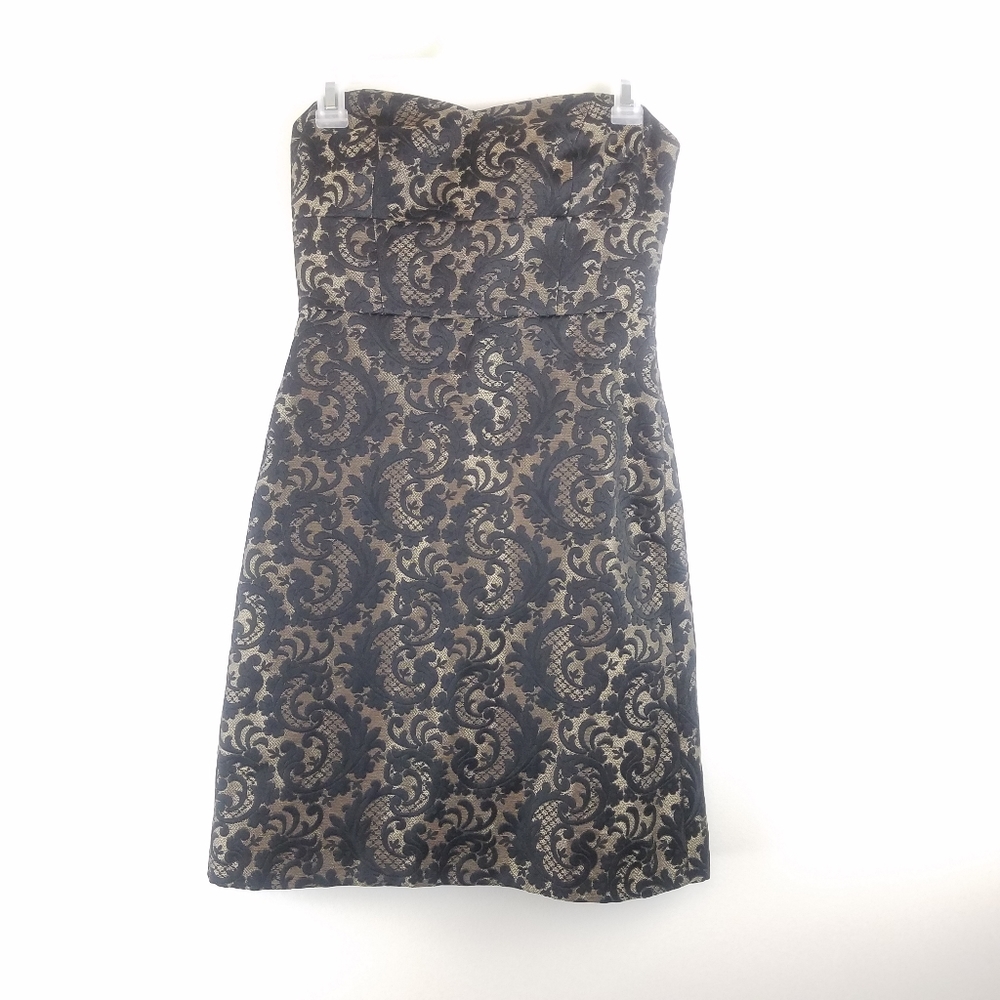 ANN TAYLOR LOFT Black Gold Brocade Strapless Dress